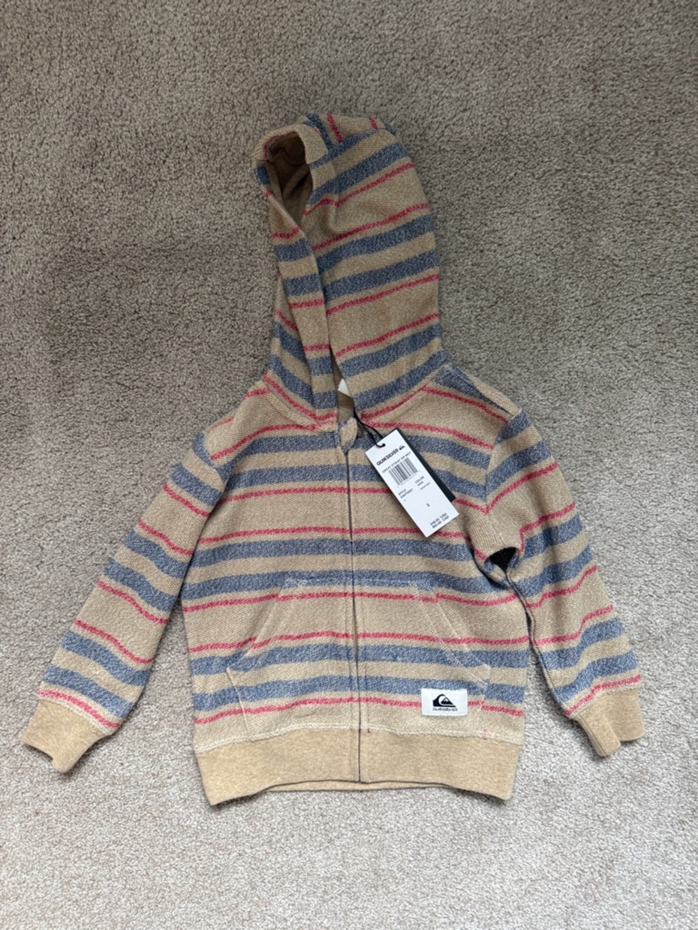 Quiksilver Kids Beige Hooded Zip Sweatshirt with Blue & Red Stripes